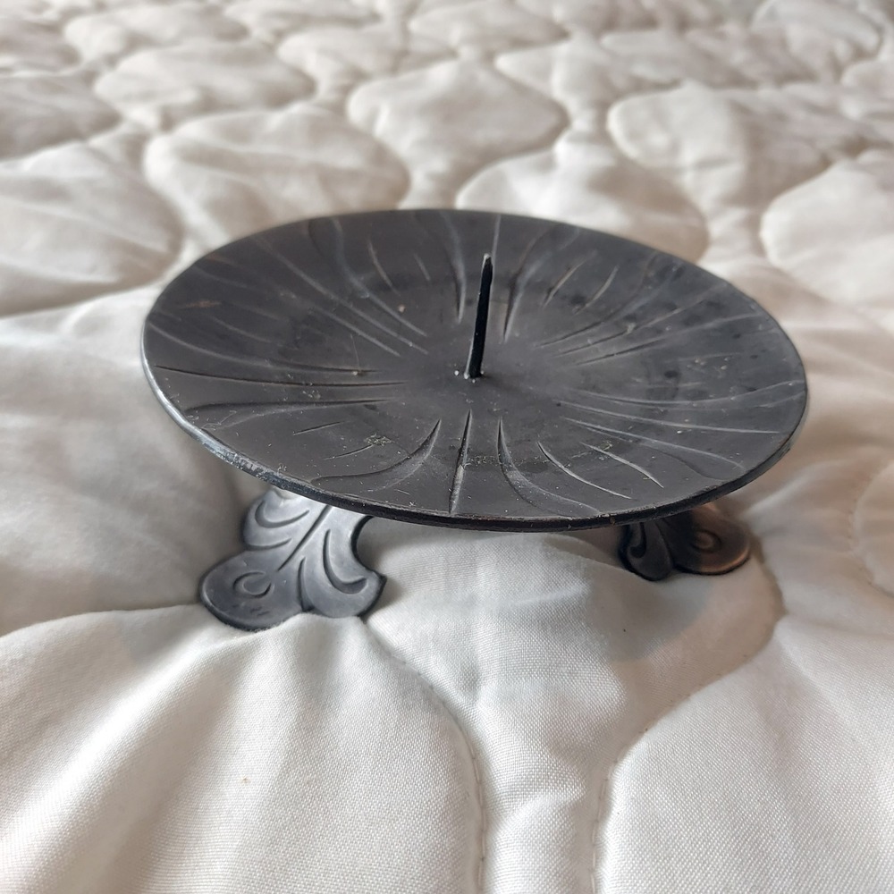 Vintage Black Metal Pillar Candle Holder Etched Sunburst Design Scrolled Feet 5"